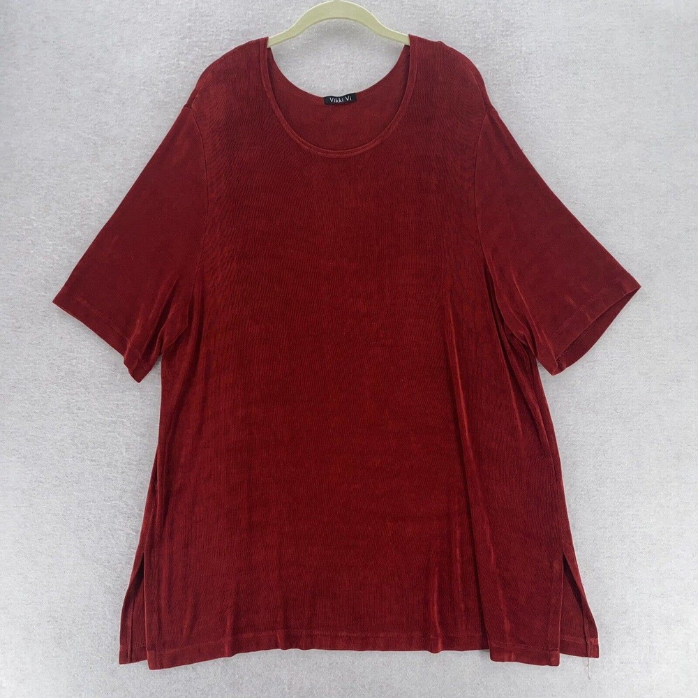 Vikki Vi Top 1X Womens Slinky Short Sleeve Red Travelers Stretchy Blouse